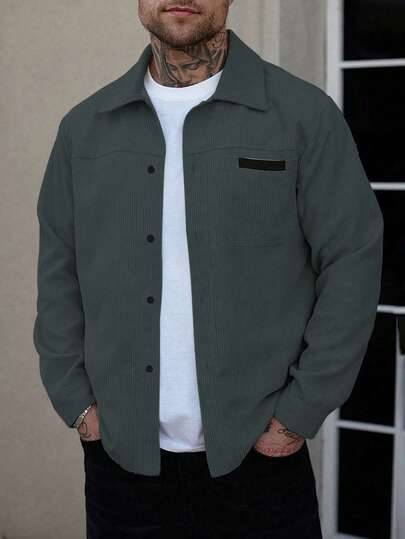 Manfinity Homme 男士衬衫外套，男士前扣长袖口袋简约衬衫外套，休闲日常穿着，男士外套，男士衬衫外套，秋冬男士外套，男友礼物，外出保暖长袖休闲灯芯绒法兰绒外套，男士衬衫外套，男士灯芯绒衬衫工作外套，男士灰色纽扣衬衫外套