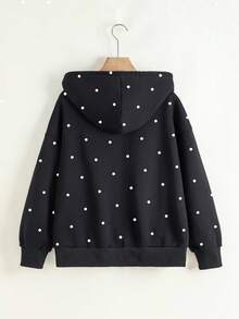 SHEIN 秋季、外套、秋冬季、季节性夹克、返校季、休闲、运动装、假日、冬季外套、百搭时尚波点印花女士长袖连帽卫衣 - 黑色 - 查看 2