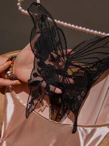 SilkySpell 蝴蝶刺绣露背蕾丝边缎面性感女式吊带睡衣 - 香檳色 - 查看 9