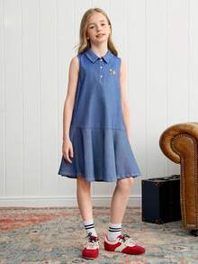 Joliand Joliand 1 件青少年女孩优雅都市学院风浅蓝色 Polo 领无袖连衣裙，适合日常休闲、旅行、派对、学校、夏季和秋季 - 藍色 - 查看 7