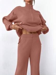 EURMUSE Women's Casual Solid Color Ribbed Knit Drop Shoulder Sweater And Pants 2-Piece Set, Autumn/Winter - Rose Red - View 5