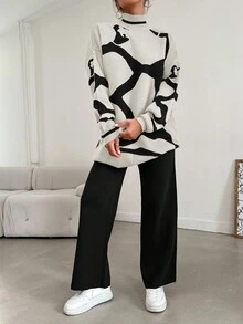 EURMUSE Women's Printed Long Sweater And Knitted Long Pants Set - White - View 5