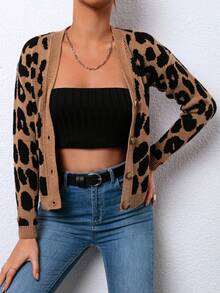 RueChic Leopard Pattern Button Front Cardigan - Brown - View 3