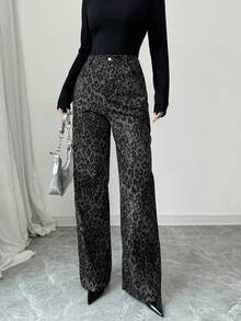 Airlisse 豹纹直筒裤，休闲高腰宽松阔腿工装裤 - 深灰色 - 查看 3