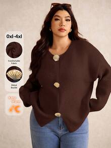 Elaquor Áo khoác len cardigan dệt kim màu trơn tối giản cỡ lớn, mùa thu/đông - Rỉ Nâu - Xem 4