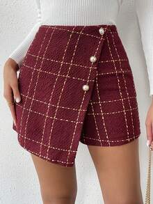 Almamuse Women's Plaid Button Design Asymmetric Hem Skort Tweed Shorts Red Checkered Shorts, Christmas - Red - View 3