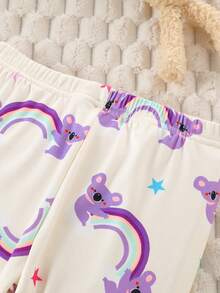 Set pigiama aderente per bambine/ragazze, base crema con stampa di orsetti arcobaleno viola, top a maniche lunghe e pantaloni abbinati, polsini e colletto a costine colorati, adatto per autunno/inverno - Multicolore - Visualizzare 5