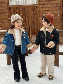 Genkimix Kids 少女秋冬新款时尚酷炫牛仔外套，加厚保暖翻领牛仔大衣，韩版冬季时尚