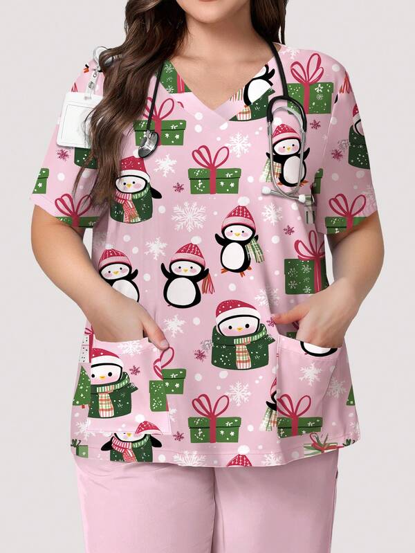 PopScrub Plus Size Women Christmas Penguin & Gift Print V-Neck Short Sleeve Scrub Uniform Top