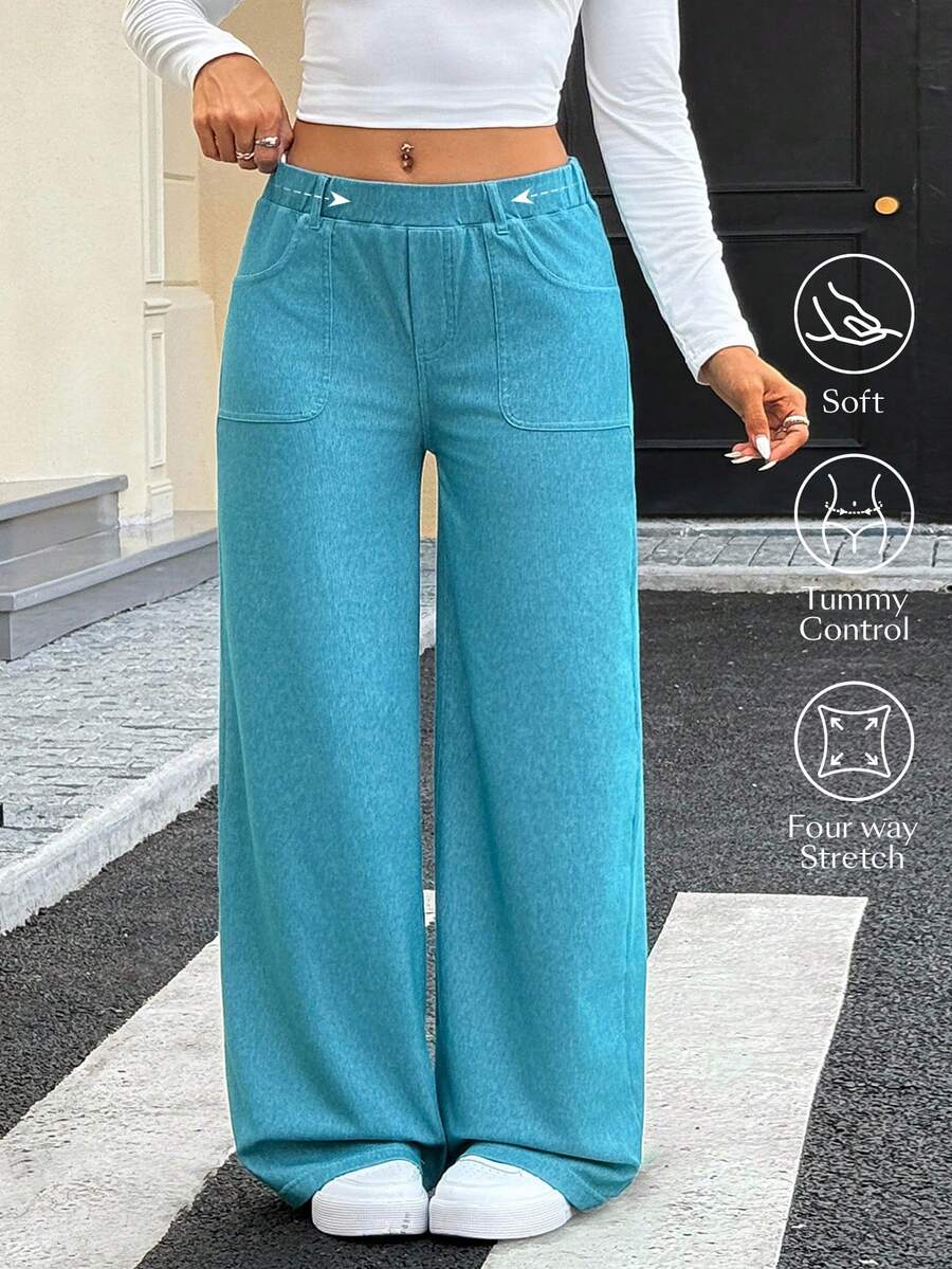 Flexra Quần jean ống rộng màu trơn thường ngày dành cho nữ - Màu xanh bụi bặm - Xem 1