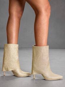 CUCCOO SZL Women's Pointed Toe High Heel Boots, Glitter Fabric Design, Fashionable, Comfortable For Daily, Party, And Banquet, Side Zipper Closure