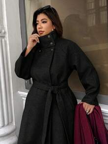 Easura Plus Size Solid Color Overcoat, Autumn/Winter - Black - View 3