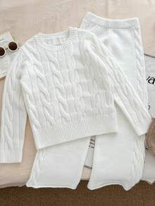 Genkimix Kids Tween Girl Casual Daily Commute Simple Solid Color Cable Knit Sweater And Wide Leg Knit Pants Set, Autumn/Winter - Apricot - View 7