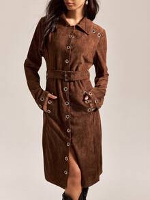 Easelle Vintage Women's Brown Suede Eyelet Design Waist Belt Trench Coat, Autumn Women's Winter Jacket Metal Chicken Eye Decoration Design