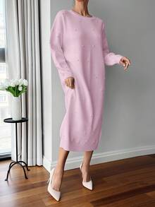 EURMUSE Women Solid Color Round Neck Pearl Detailed Long Sweater Dress - Baby Pink - View 8