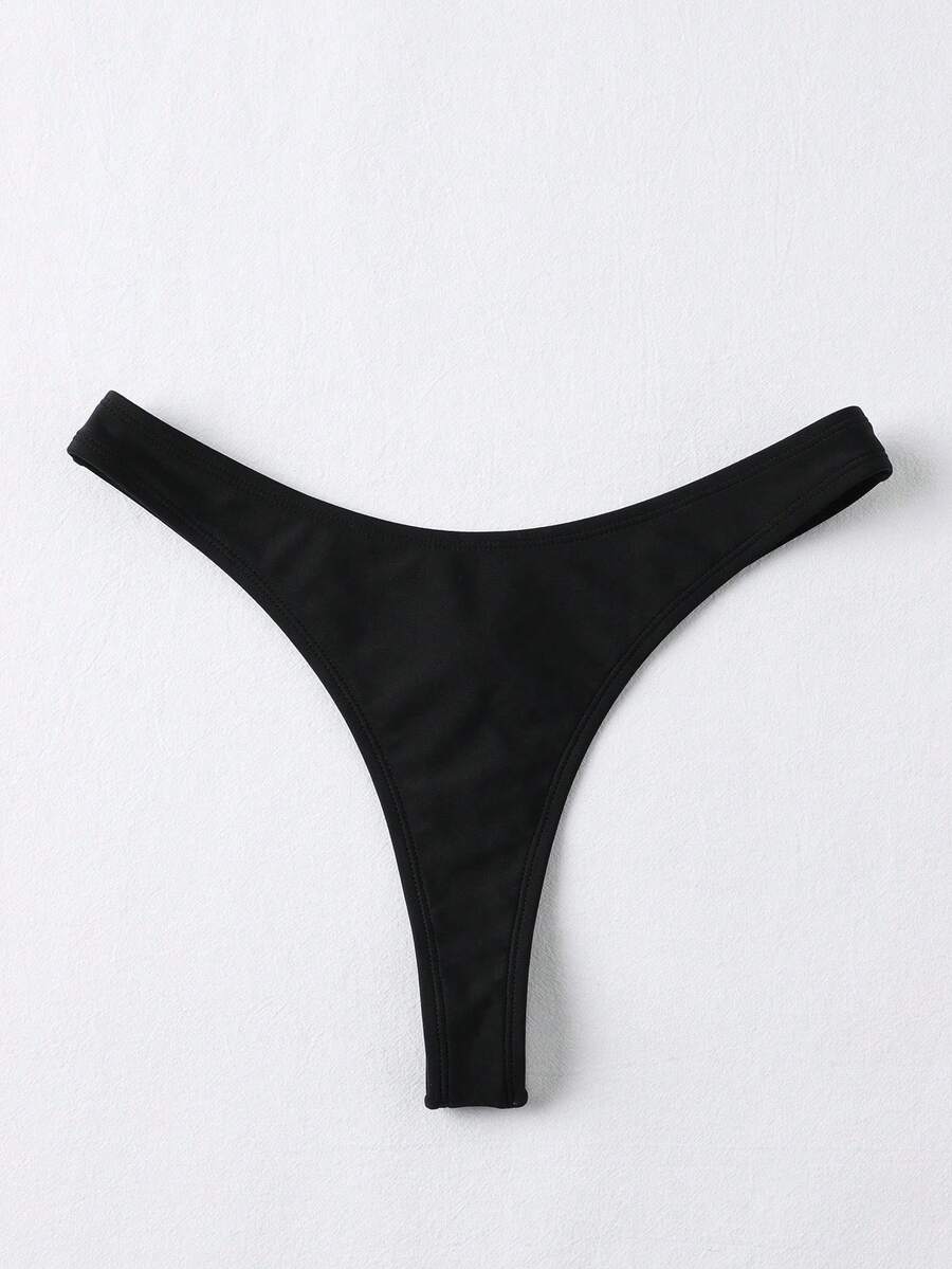 Swim Basics Summer Beach High Cut Thong Bikini Panty - Black - View 1
