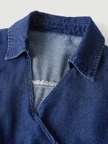 SHEIN MOD 女式秋季落肩长袖休闲牛仔衬衫上衣，后背饰有结饰 - 深色水洗藍 - 查看 3