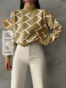 SHEIN Women's Stand Collar All-Over Print Casual Long Sleeve Sweater