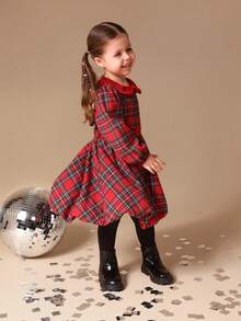 SUMWON Vestido de Navidad de manga larga con cuello Peter Pan y estampado de tartán a cuadros para niñas con bajo de globo - Rojo - Ver 7
