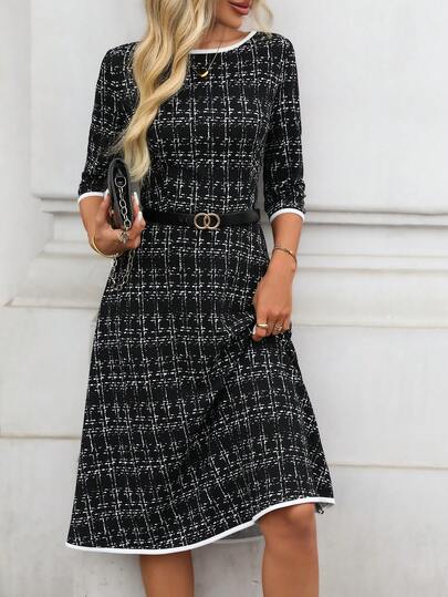 EMERY ROSE Women's Elegant Plaid Print Contrast Binding Waist Knee-Length Dress, Suitable For Work And Commute, Spring/Autumn Women Dresses Autumn Winter Elegant Dresses For Women Elegant Dresses Going Out Outfit