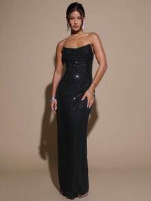 SHEIN BAE Elegant Sequin Embellished Dress For Women, Suitable For Formal Banquet, Cocktail Party, Nightclub, Birthday Party,Party Dress,Sequin Dress, Black Dress,Dresses For Women Elegant,Black Dress,Valentine's Day,Valentine Outfits For Women - Black - View 5