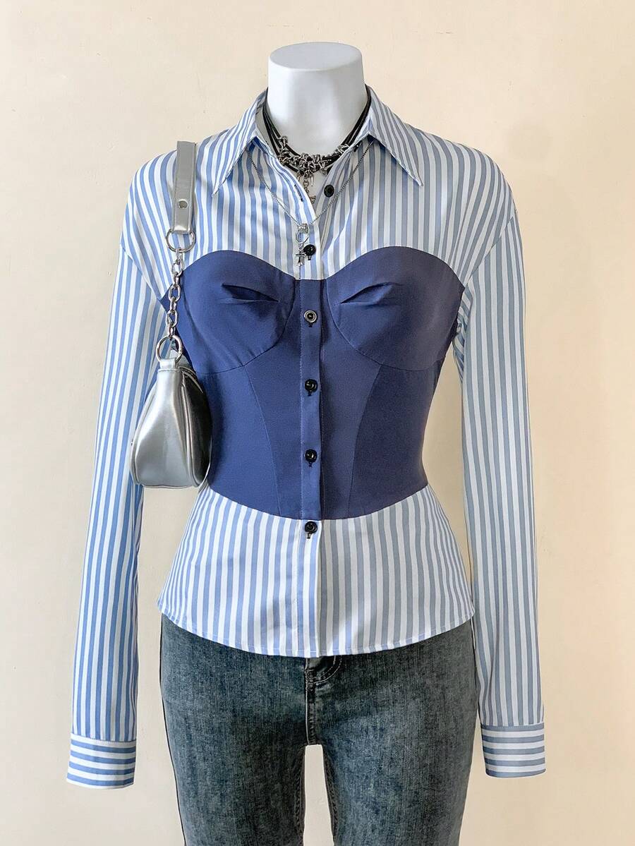 Jeanoix Women's Casual Patchwork 2 In 1 Long Sleeve Single-Breasted Shirt - Multicolor - View 1