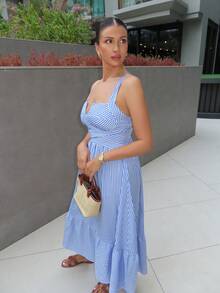 MDEdit Vestido de mujer con cuello en V a rayas y cruzado - Azul - Ver 6