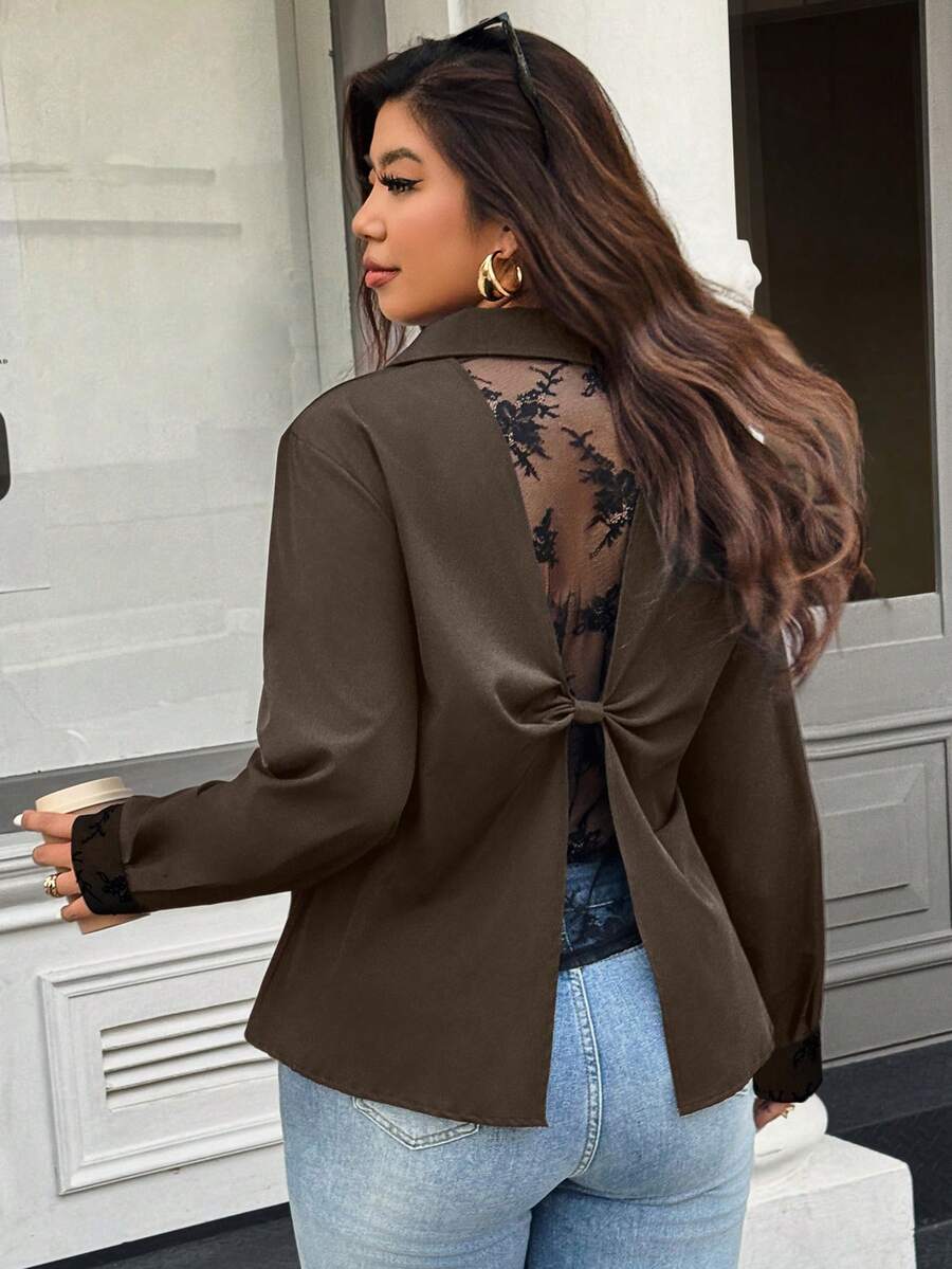 Easura Plus Size Plain Minimalist Long Sleeve Shirt, Casual Everyday Wear - Brown - View 1