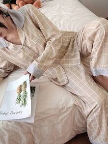Women's Casual Plaid Print Cardigan Long Sleeve Pajama Set, Autumn/Winter Fall Clothes - Multicolor - View 4