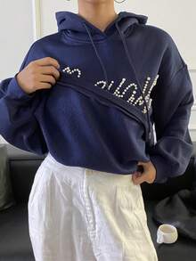 DAZY Sudadera de felpa para mujer de otoño/invierno con decoración de perlas 3D, sudadera holgada casual de estilo urbano con capucha para la escuela - Azul Marino - Ver 6