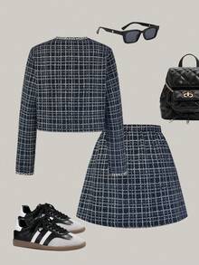 PrepCrw 2pcs Tween Girls Elegant School Style Navy Blue Cropped Jacket And Tweed A-Line Mini Skirt Set,Back-To-School Autumn Outfit For Christmas&Formal - Black and White - View 3
