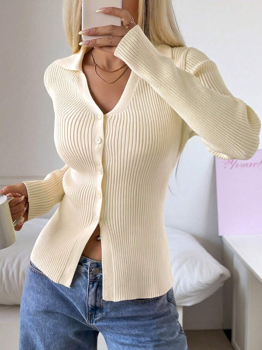 SHEIN EZwear 秋季新款奶油黄色V领修身女士开衫 - 米色 - 查看 1