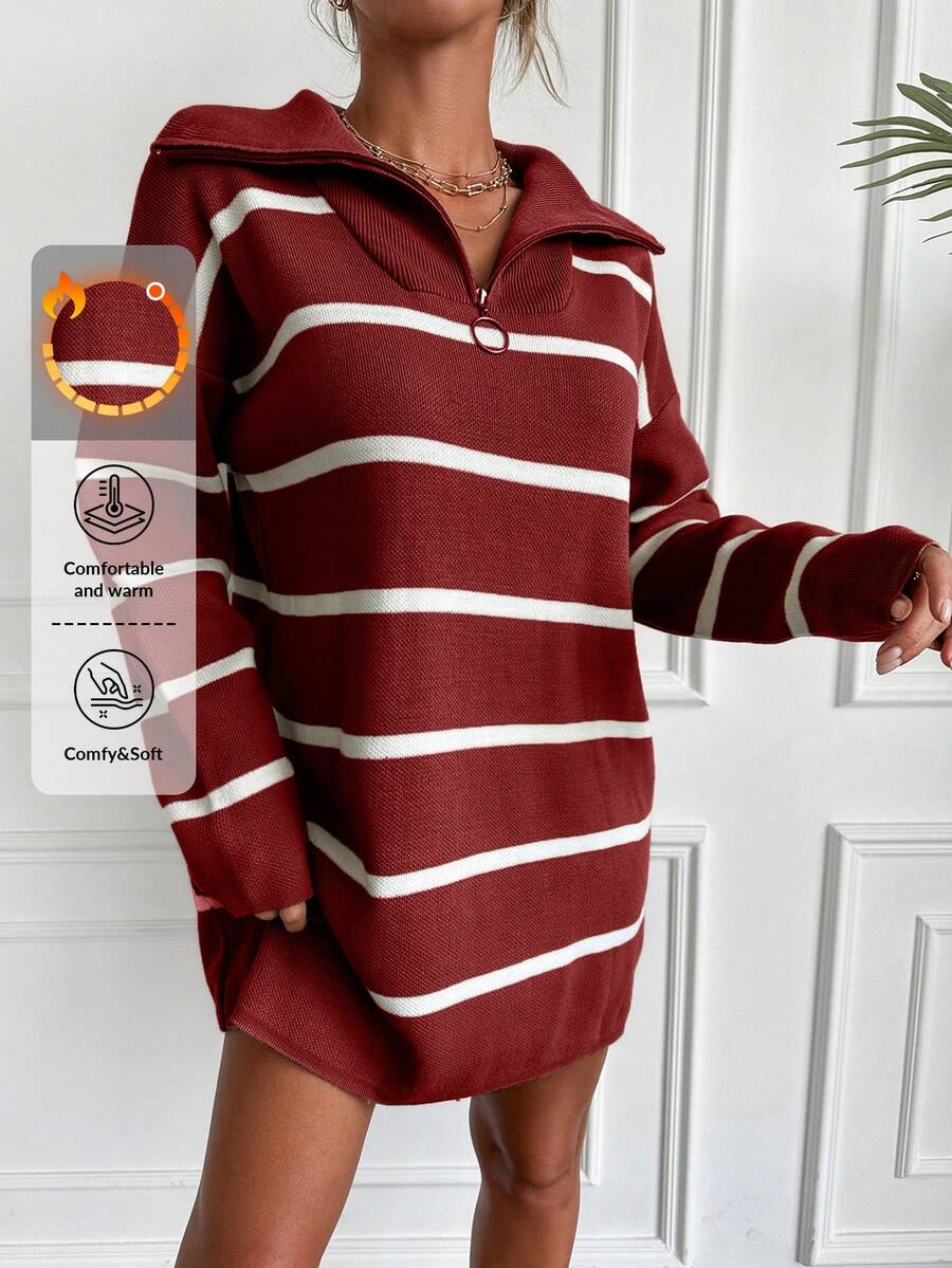 EURMUSE Slouchy Drop Shoulder Zipper Half Placket Striped Sweater - Red - View 1