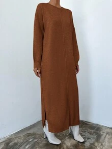 EURMUSE Solid Drop Shoulder Sweater Dress - Brown - View 4