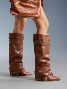 CUCCOO GRLICON Women's Brown Pointed Toe Chunky Heel Knee-High Boots With Criss-Cross Strap & Buckle Decor, Suitable For Party, Christmas, Halloween, Y2K Style