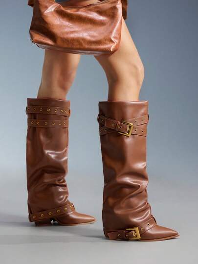 Cuccoo CUCCOO GRLICON Damen Kniehohe Stiefel mit spitzer Zehenpartie und Plateauabsatz in Braun, mit Kreuzriemen- und Schnallenverzierung, geeignet für Party, Weihnachten, Halloween, Y2K-Stil