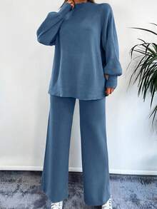 EURMUSE Mock Neck Raglan Sleeve Sweater & Knit Pants Without Belt - Blue - View 5