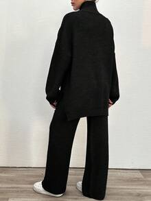 EURMUSE 2pcs Women's Solid Color Zipper Top And Pants Casual Knit Sweater Set - Black - View 6