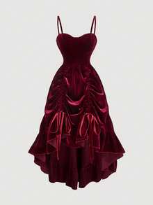 SHEIN CURVE+ 大码女式酒红色长款连衣裙、秋季婚礼宾客连衣裙、返校节舞会连衣裙、早午餐女士套装、文艺复兴博览会连衣裙、布里奇顿风格连衣裙、新年、情人节连衣裙、圣诞节连衣裙 - 酒紅色 - 查看 6