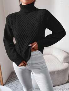 EURMUSE Turtleneck Cable Knit Sweater - Black - View 6