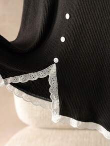 Elaquor Plus Size Contrast Trim Round Neck Button Decor Long Sleeve T-Shirt - Black - View 4