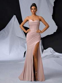 Vowa Glamorous Sexy Strapless Neckline Decor Boned Bodycon Fish Tail Slit Maxi Dress, Evening Gown - Dusty Pink - View 4