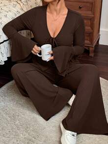 Flirla Plus Size Front Tie Flare Sleeve Fitted Knit Top And Pants 2 Pieces Set - Coffee Brown - View 4