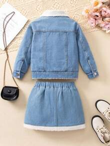 Young Girls Denim Set, Collar Fur Trim Long Sleeve Denim Jacket And Skirt, Autumn/Winter - Blue - View 3