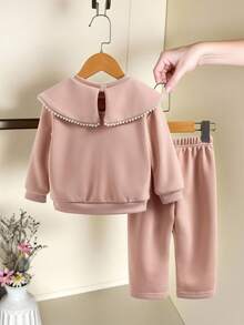 SHEIN Playful Pals 女婴新生儿0-3岁秋冬时尚简约大翻领长袖卫衣+裤子套装，女婴秋冬碎花灰色套装 - 粉色 - 查看 2