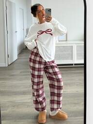 Aloruh Women's Casual Daily Home Christmas Solid Color Round Neck Long Sleeve Bow Print & Red Plaid Drawstring Pants 2-Piece Pajama Set, Autumn/Winter