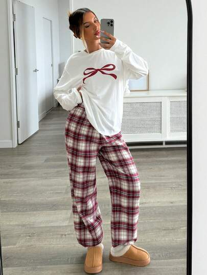 Aloruh Home Round Neck Long Sleeve Bow Print Rood Plaid Drawstring Pants Piece Pajama Set,