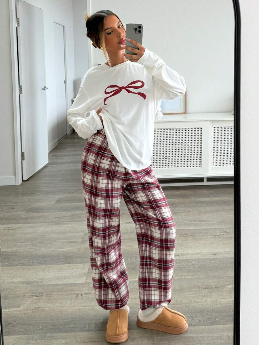 Aloruh Women's Casual Daily Home Christmas Solid Color Round Neck Long Sleeve Bow Print & Red Plaid Drawstring Pants 2-Piece Pajama Set, Autumn/Winter - Red and White - View 1