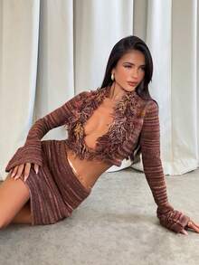 Aloruh Women's Autumn/Winter New 2-Piece Sweater Set, Multi-Color Striped Ombre Y2K Retro Romantic Sexy Cropped Top Long Sleeve Sweater + Low Waist Mini Skirt With Tassel Decor Brown Two Piece Set Latina Outfits Cozy Fall And Winter Clothes For Women - Multicolor - View 6