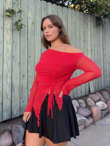 Nezia Cruz Plus Size Women Summer Mesh Bow Blouse, Elegant Holiday Party, Suitable For Birthday And Valentine's Day - Red - View 6